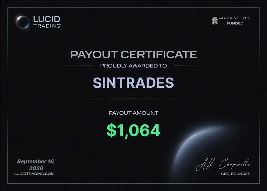 Lucid Trading payout certificate — $1,064 awarded to SINTRADES