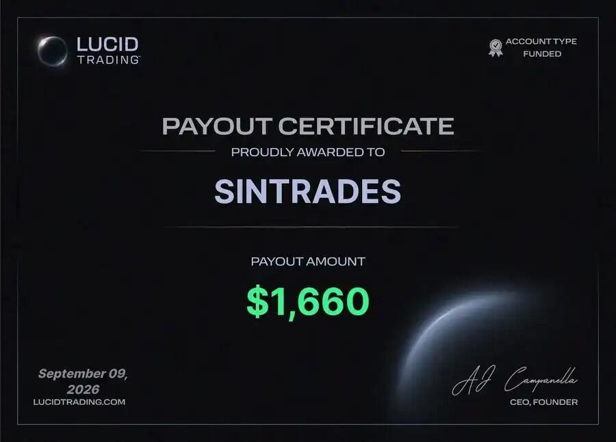 Lucid Trading payout certificate — $1,660 awarded to SINTRADES
